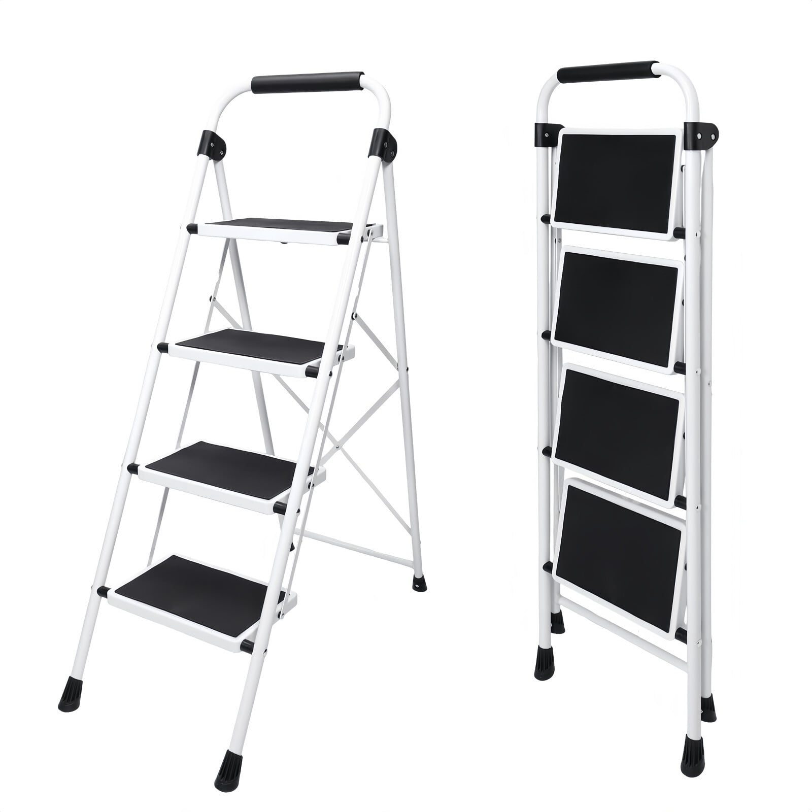 Kelno 4 Step Folding Step Stool 330Lbs Heavy Duty Step Ladder with Anti Slip Pedals Safety Handrail, Black White