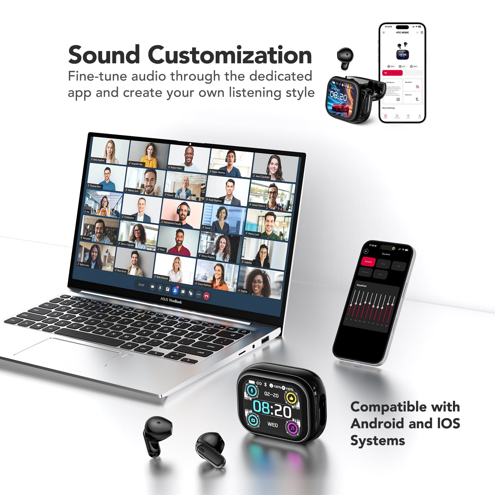 HTC NE68 Wireless Earbuds Touch Screen Bluetooth AI Translation Headphones 8 Modes to Cope with Various Scenarious Noise Cancelling Transparency Mode