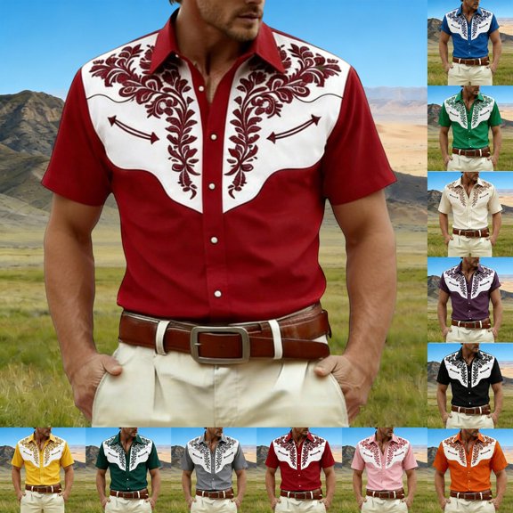 Mens Shirts Short Sleeve 3D Cowboy Print Lapel Button Down Casual Shirt Beige L