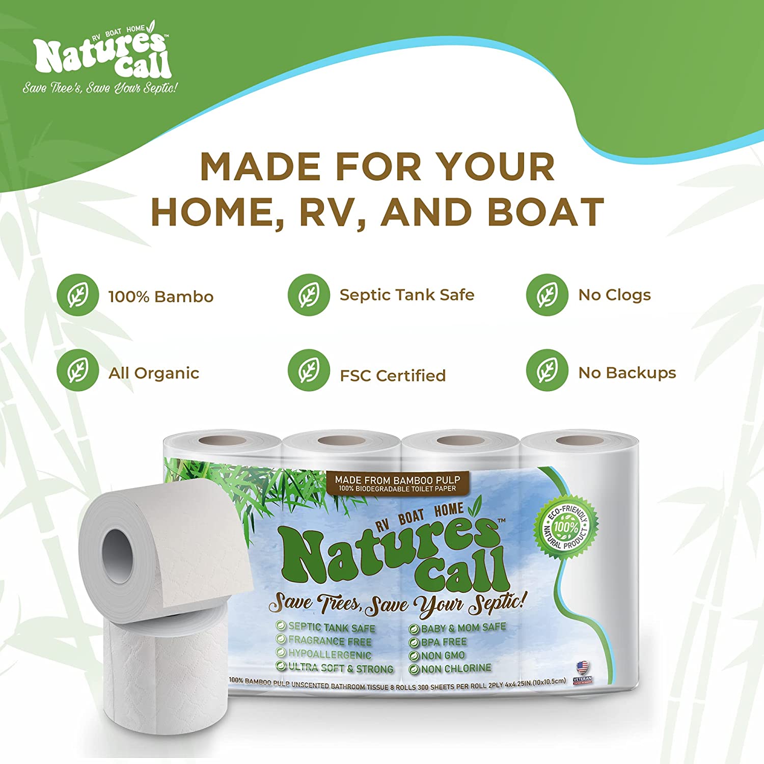 RVs, Boats & Home 100% Bamboo by - 2-Ply, Soft, Strong, Tank Safe & Quick Dissolve Camper Toilet Tissue - Marine, Camping & Travel - FSC Certified (8 Rolls)
