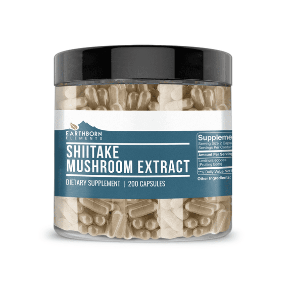 Earthborn Elements Shiitake Mushroom Extract 200 Capsules, Pure & Undiluted, No Additives