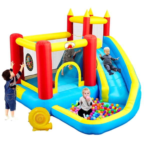 WELLFUNTIME Inflatable Bounce House with Slide, Jumping Castle with Blower, Ball Pit, Basketball Hoop, Bouncer for Kids Backyard