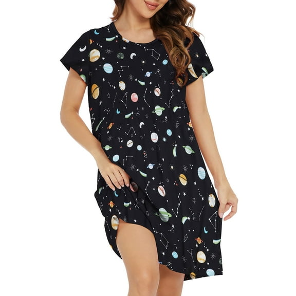 Cartoon Nightgowns for Women Short Sleeve Loose Pajamas Cotton Nightdress Black Planet Medium