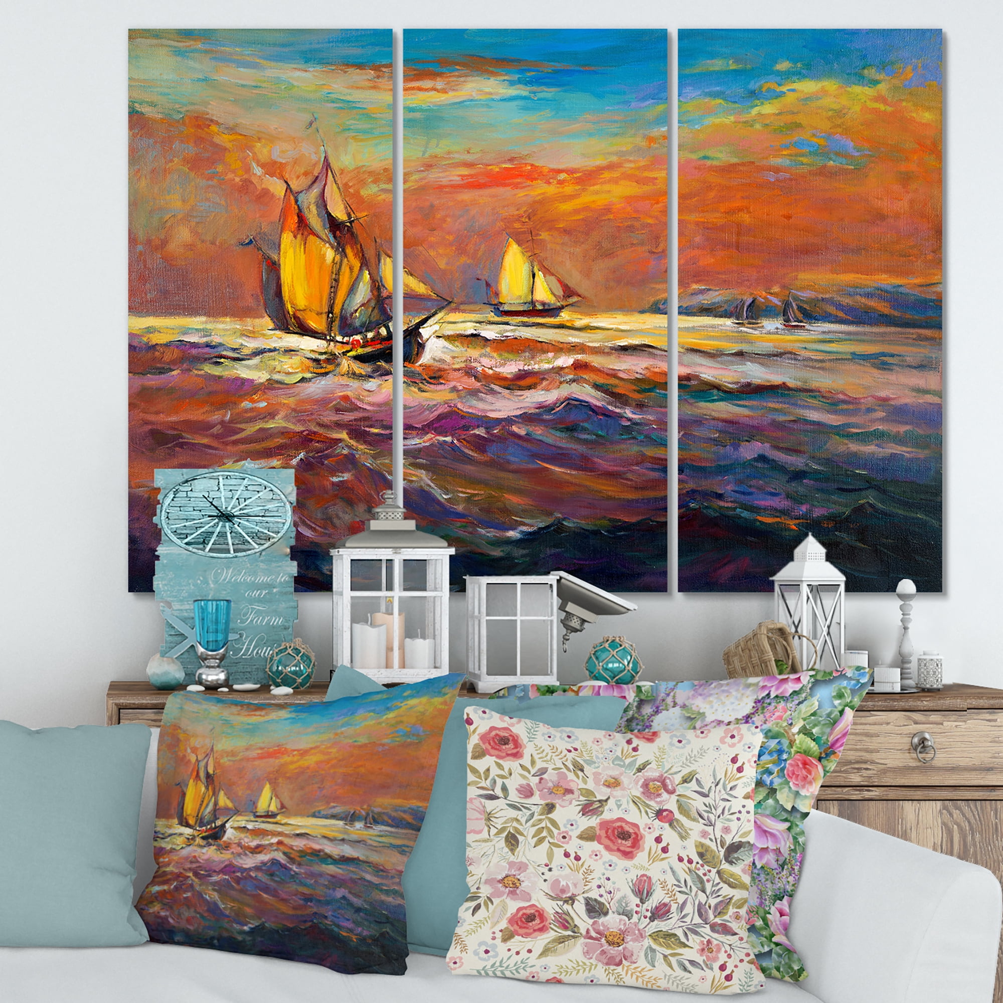 Designart ' Sailships On The Ocean Waves During Orange Evening Glow ' Nautical & Coastal Canvas Wall Art Print