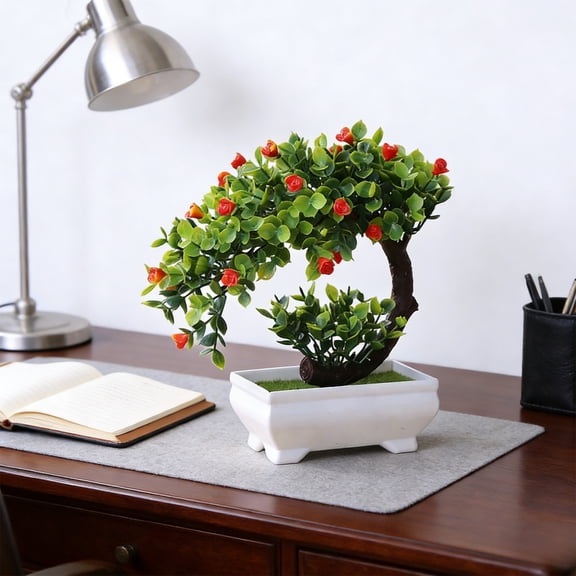 Bcylexb 7 inches Artificial Tree Plants, Fake Potted Tree with Lifelike Flowers Potted Greenery Plants for Living Room Table Window Office Home Decor