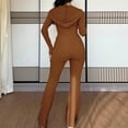 thumbnail image 4 of Szluipve Women Ribbed Knit 2 Piece Outfit Zip Up Hooded Long Sleeve Top High Waist Flare Pants Set Slim Fit Casual Matching Tracksuit, 4 of 6
