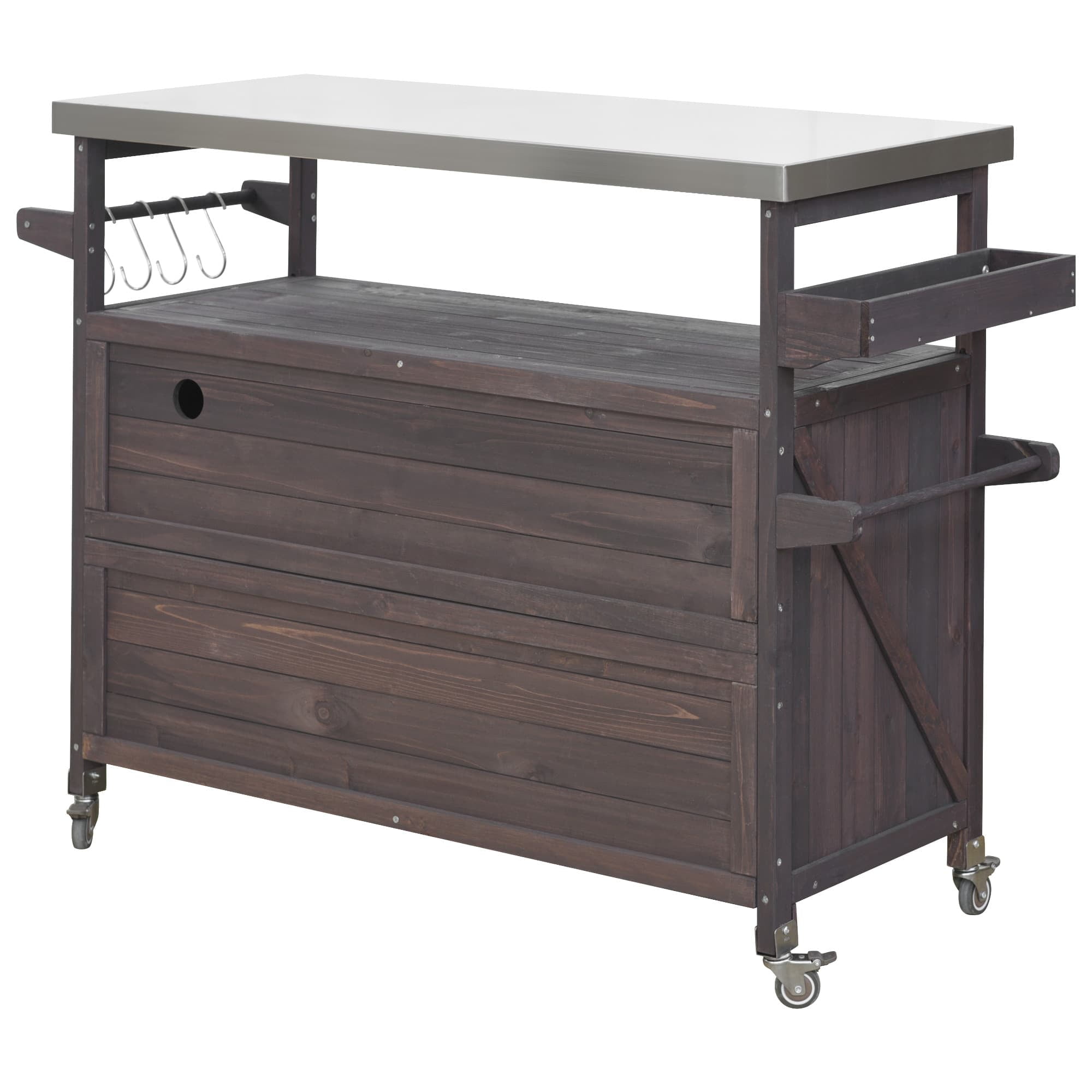 MAYEERTY Outdoor Kitchen Island - Solid Wood Grill Table, Stainless Steel Top, Dark Brown