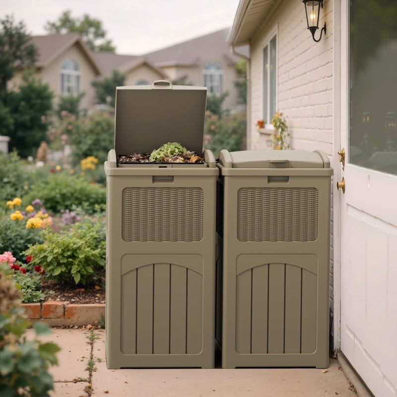 Devoko 2 PCS  All-Weather use Trashbin with Lid, Patio Resin Hideaway Trash Can with Waterproof for Backyard