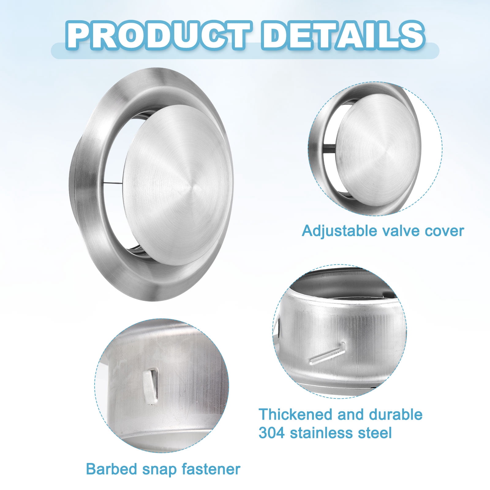 Uxcell 1Set 8 Inch Round Ceiling Diffuser, 304 Stainless Steel Adjustable Wall Air Vent Diffuser Vent Duct Cover Exhaust Supply for Kitchen Bathroom Garage, Silver