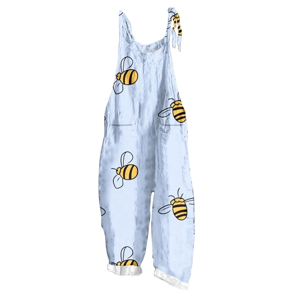 Riecok Wide Leg Jumpsuit for Women Bee Festival Sleeveless Adjustable Straps Wide Leg Cute Graphic Trendy with Pockets