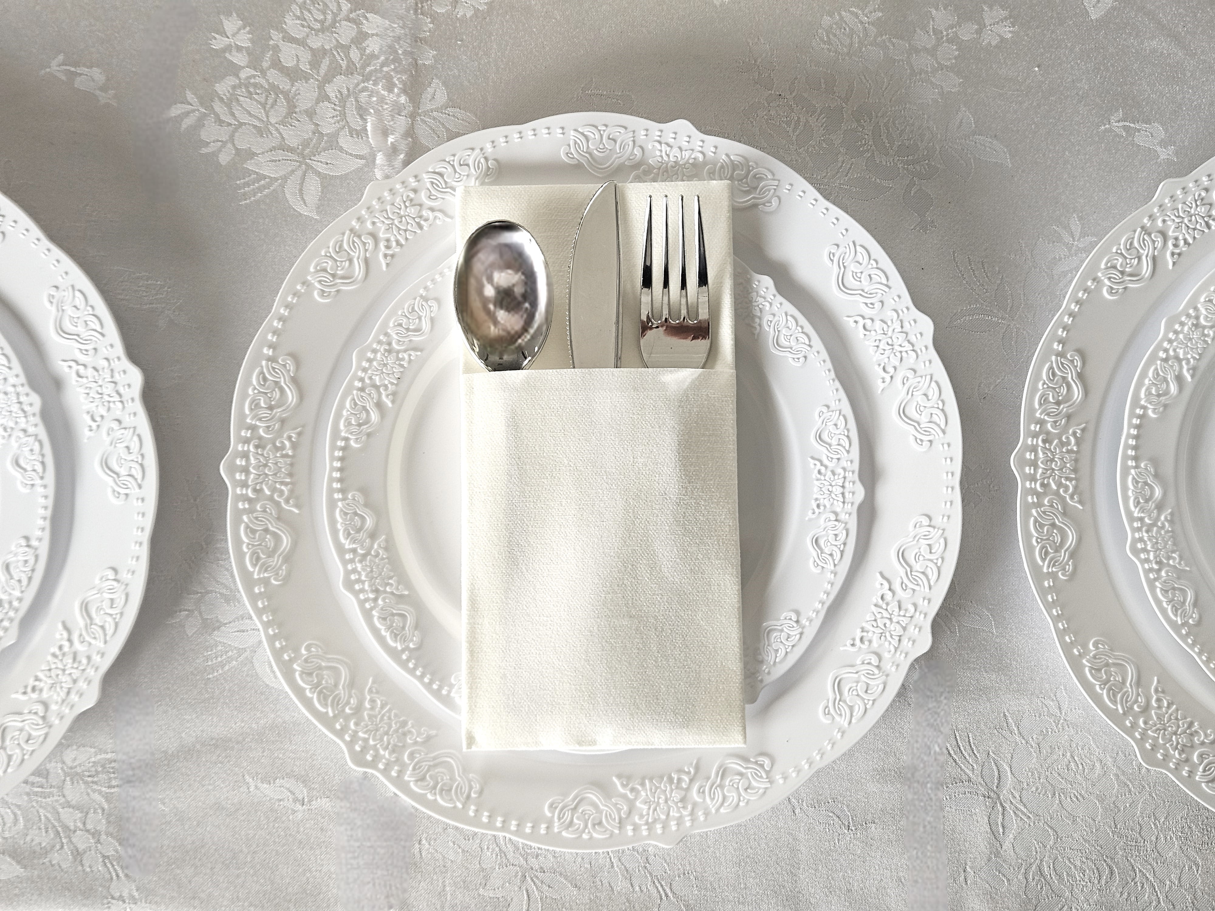 " OCCASIONS " 100 Plates Pack,(50 Guests) Vintage Wedding Party Disposable Plastic Plates Set -50x10.25'' Dinner + 50x7.5'' Salad/Dessert Plate (Portofino Plain White)
