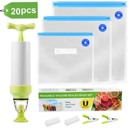 Faayfian 15pcs Reusable BPA Free Food Vacuum Sealer Bags, 1 Hand Pump and 2 Sealing Clip and 2 Sous Vide Bag Clip, Easy to Use, Practical for Food