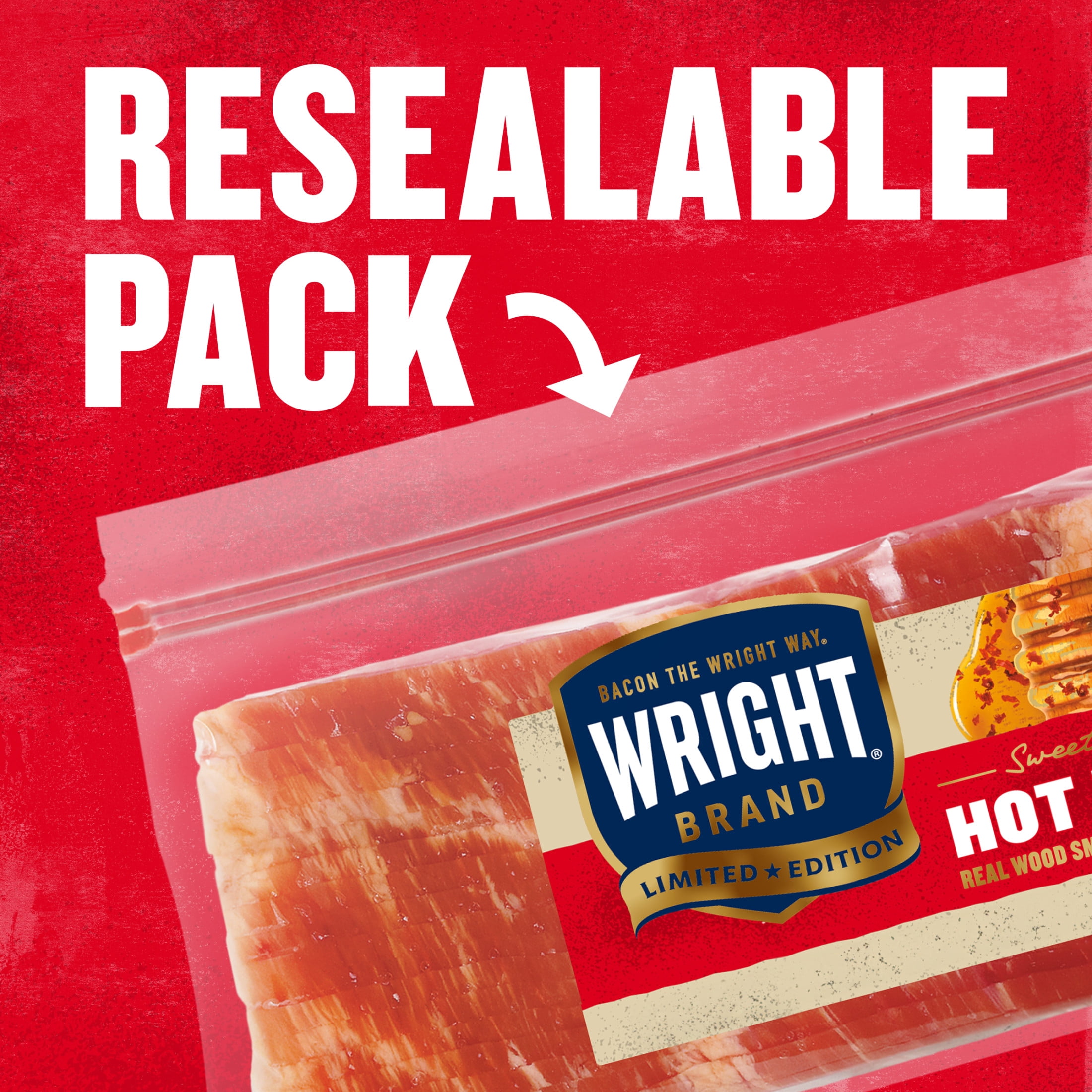 Wright Brand Limited Edition Hot Honey Flavored Real Wood Smoked Thick Cut Refrigerated Bacon, 1.5 lb