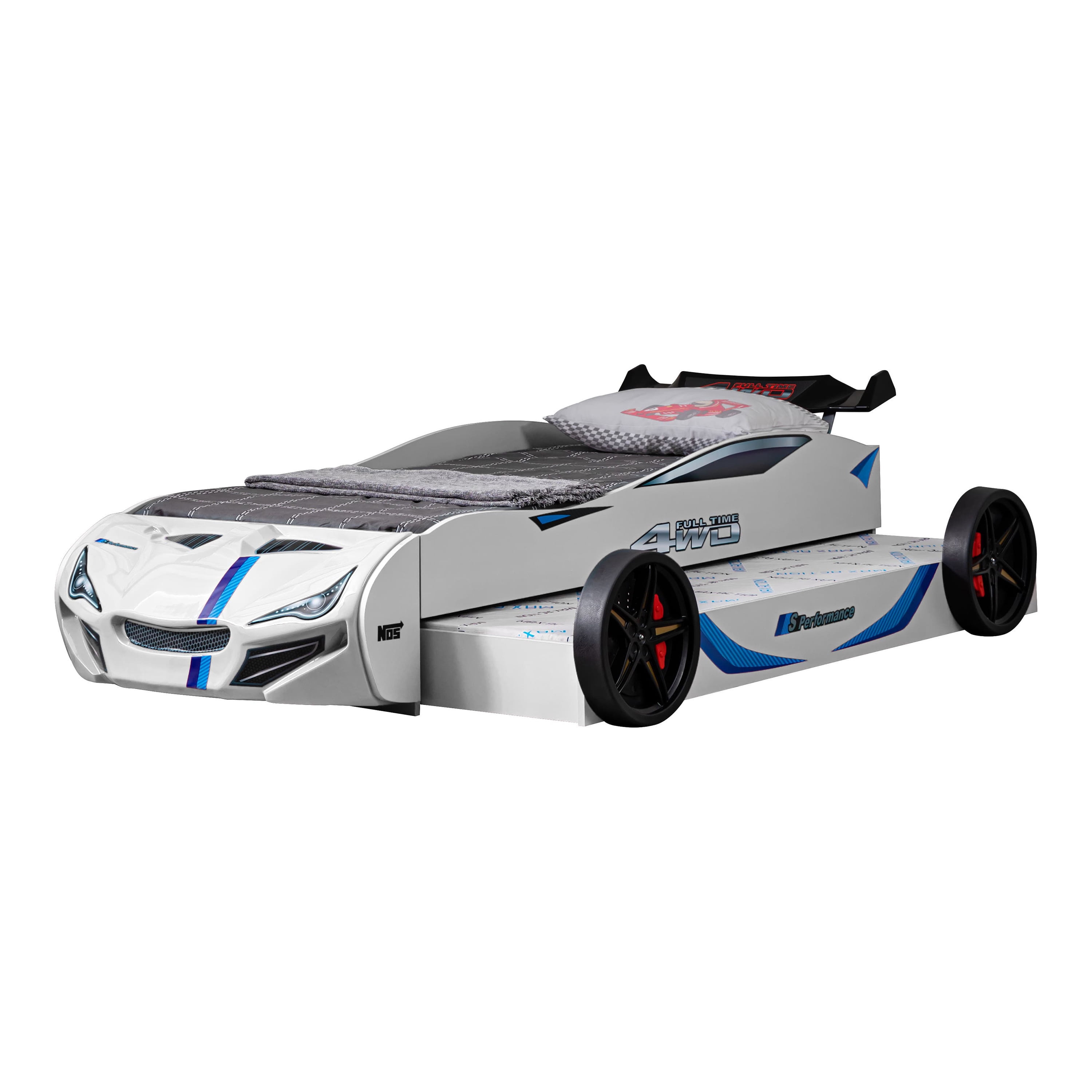 Furniture of America Speeds Kids Twin Platform ABS Plastic Race Car Bed with Trundle, White