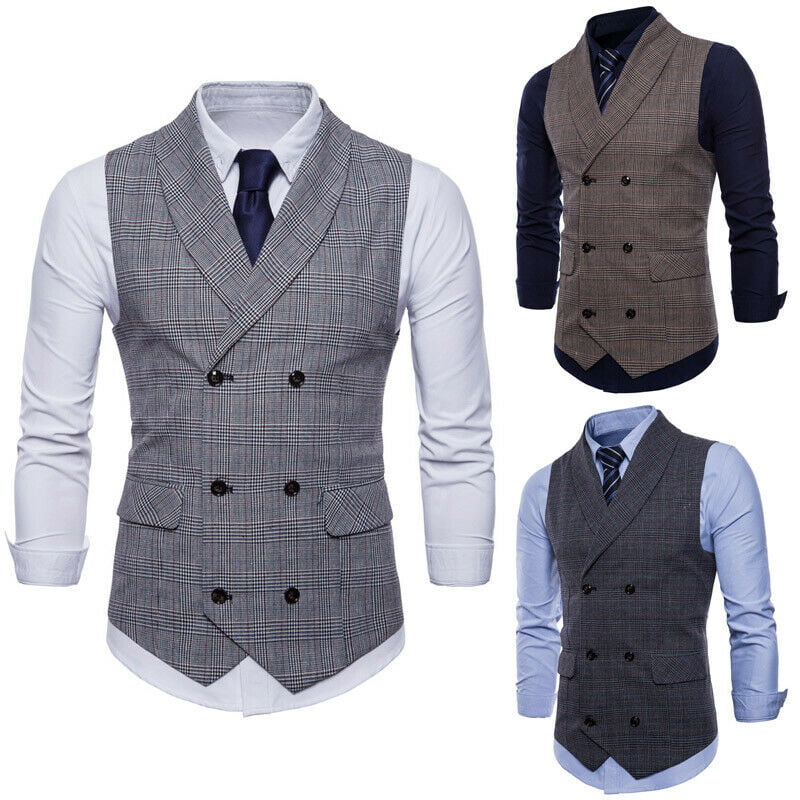 Men Formal Business Suit Vest Jacket Tuxedo Slim Double-Breasted Waistcoat Coat 