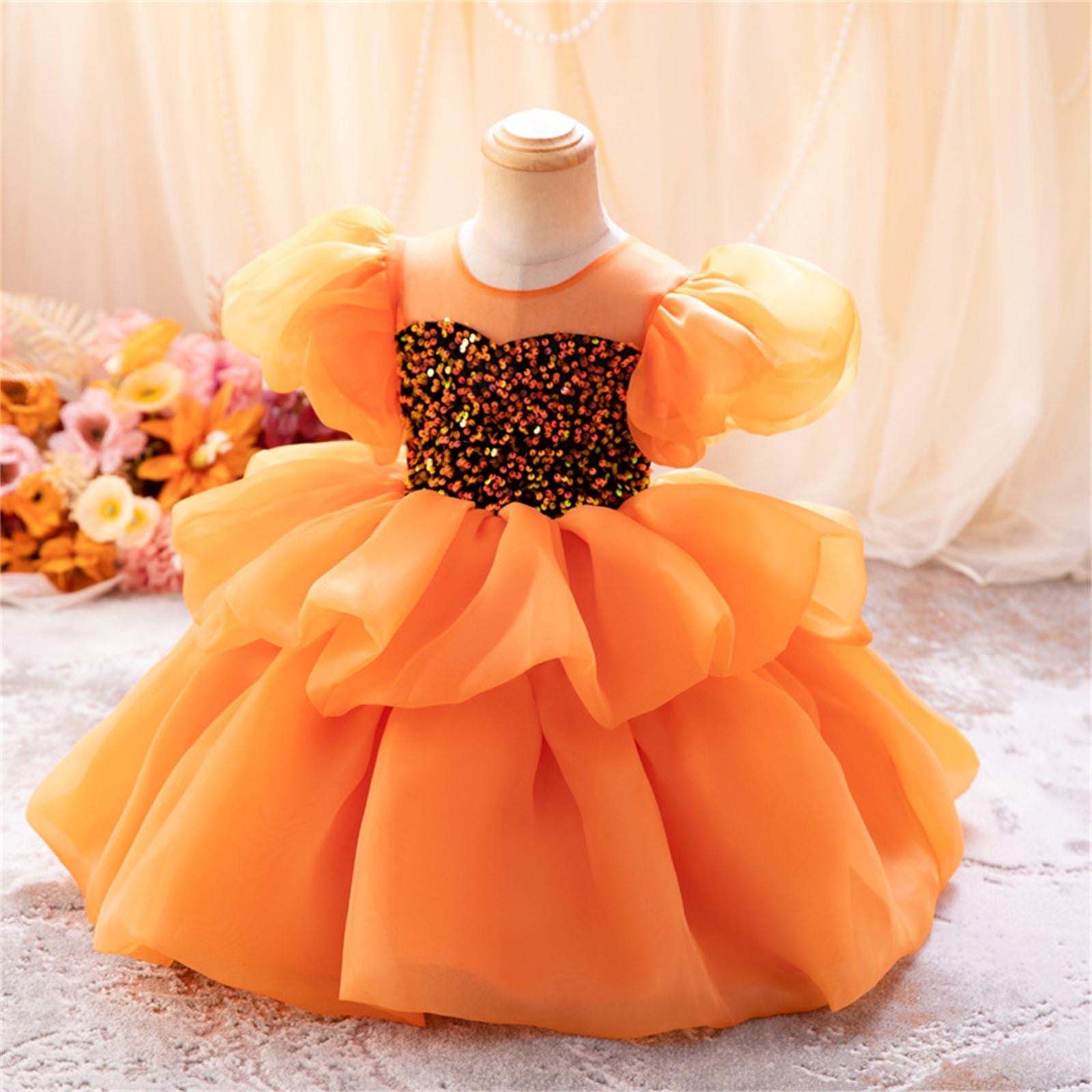 Big Kid Girl Dress Big Girls Girls Pure Color Dress New Girls Dress Dress High End Girl Puffy Dress Dress Girls Clothes Orange 12 18 Months