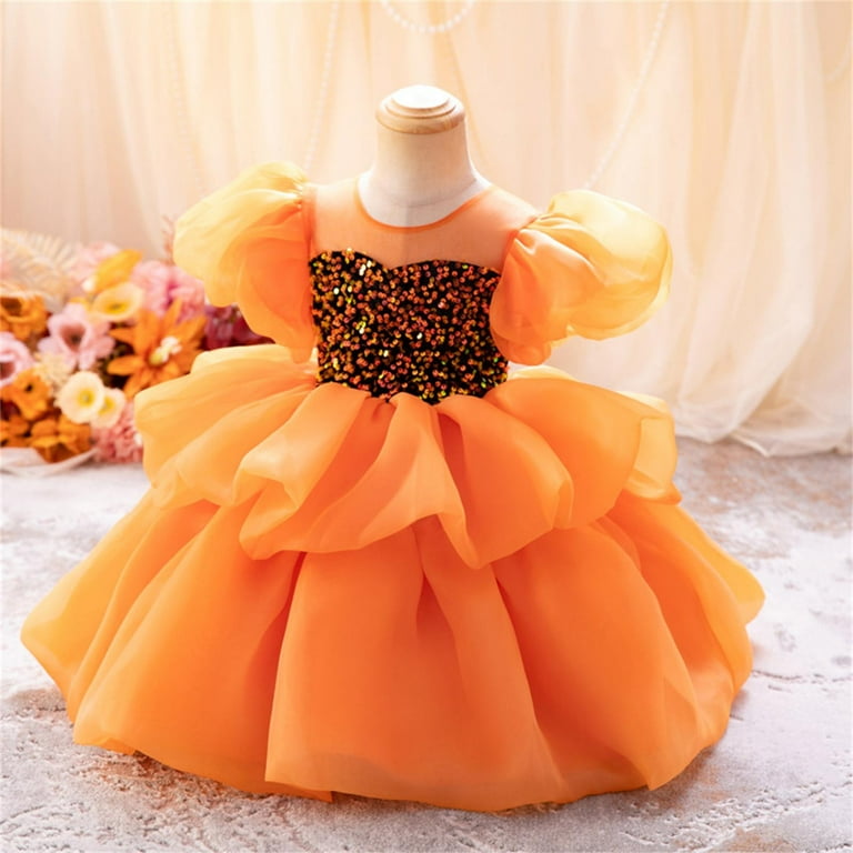 Girl Dresses New Girl s Pure Color High End Puffy Princess Tutu Dress Baby Dress Orange 9 Months 12 Months