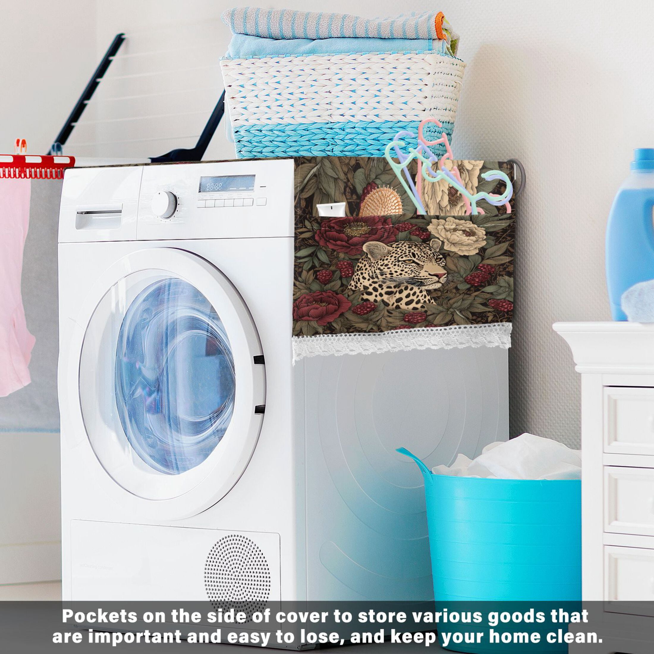 Washing Machine Cover 51.2x22in, Durable Polyester Dust Cover with Lace Trim and Side Pocket for Appliances Roses Leopard
