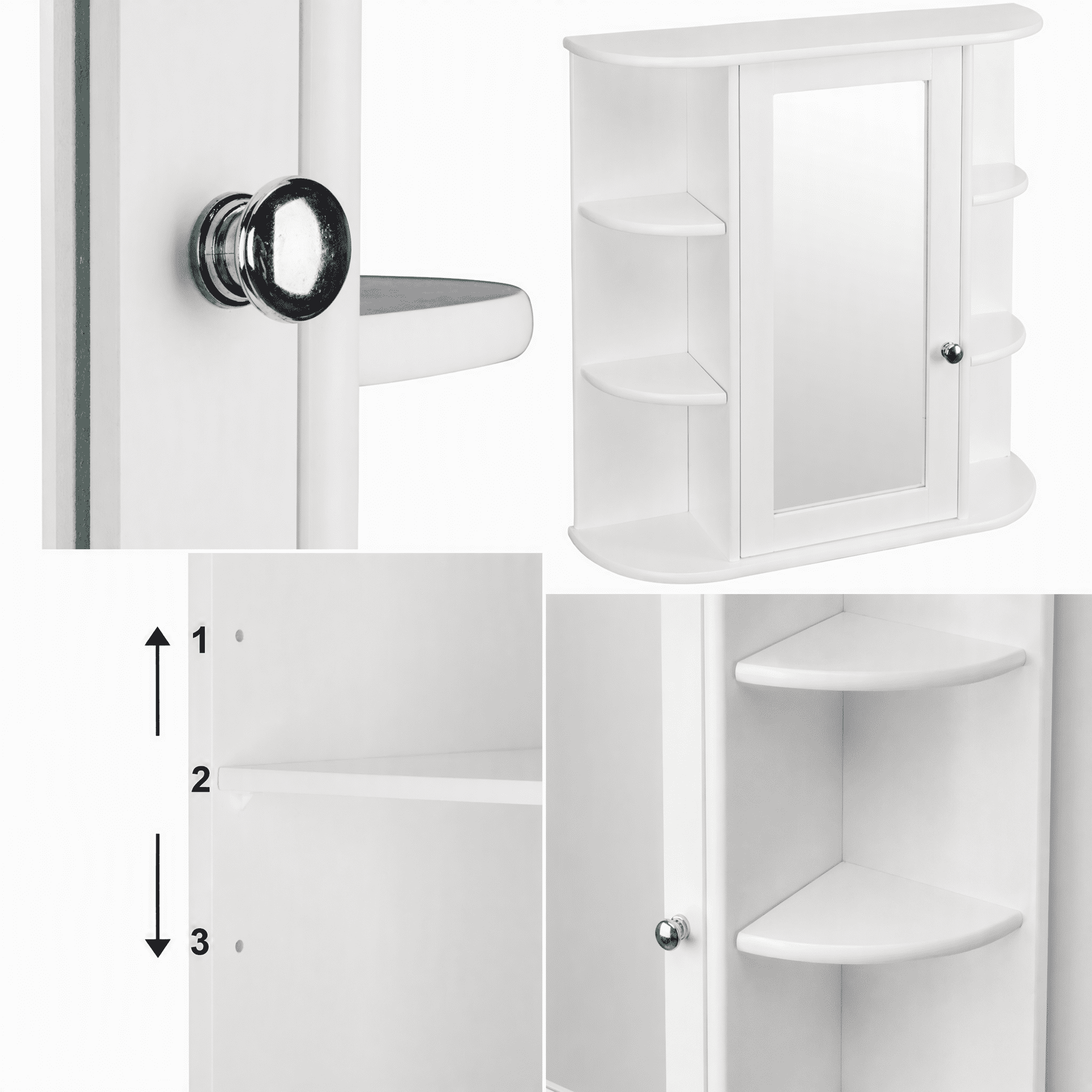 3-tier Single Door Mirror Indoor Bathroom Wall Mounted Cabinet Shelf White