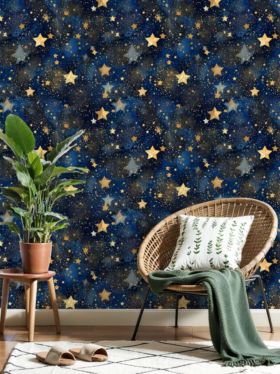 Peel and Stick Wallpaper 23.6in x 9.8ft Golden Stars Deep Blue Night Sky Sparkles Dots Contact Paper Vinyl Self-Adhesive Removable Wall Paper for Bedroom Kitchen Cabinet Décor Renter Friendly