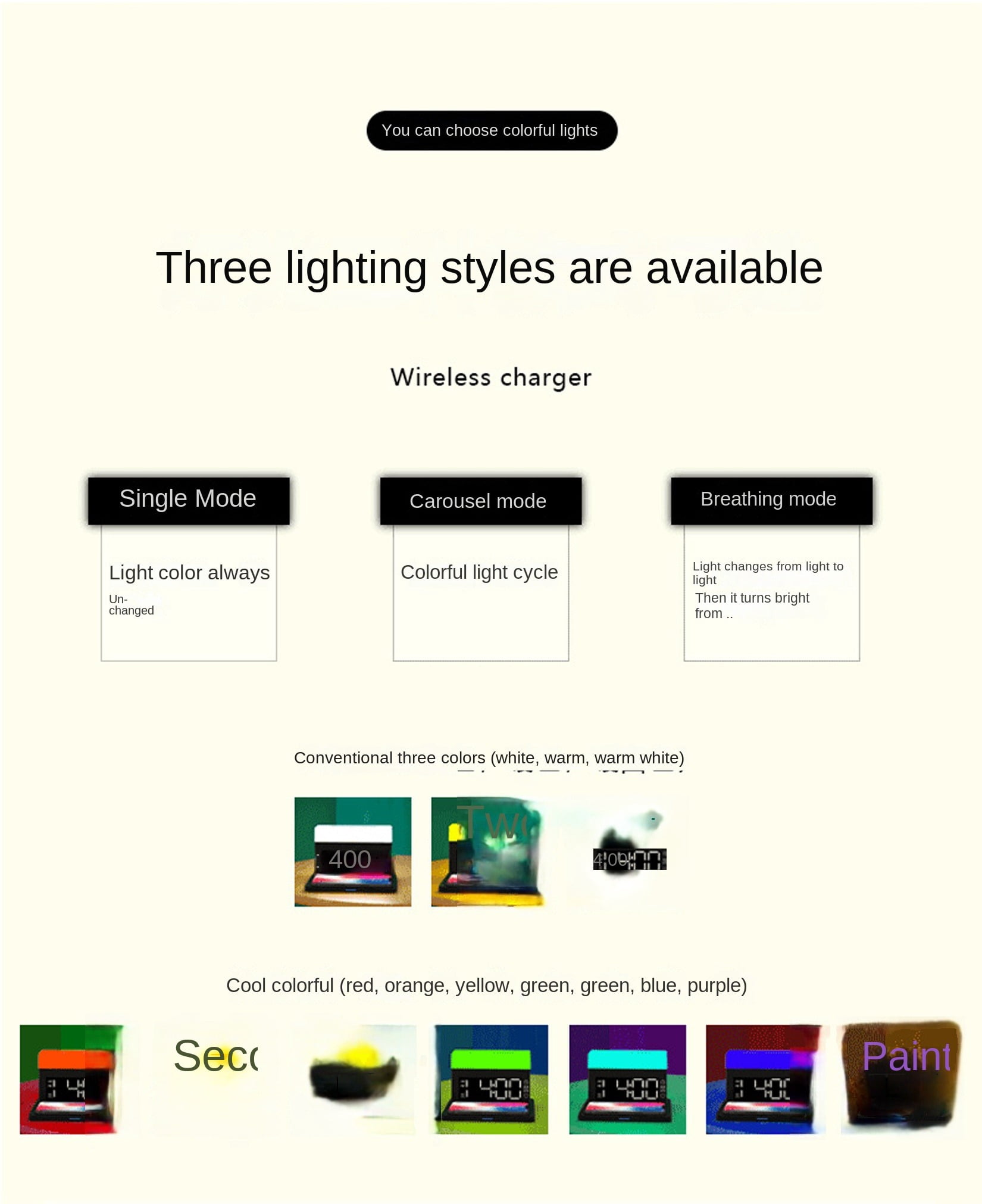 6 in 1 Wireless Charger,6 in 1 Wireless Charging Station with Digital Alarm Clock,Clock,Colorful Atmosphere Night Light,15W Fast Charger Compatible with iPhone 14/13/12/11/XS/8 Samsung Galaxy AirPods