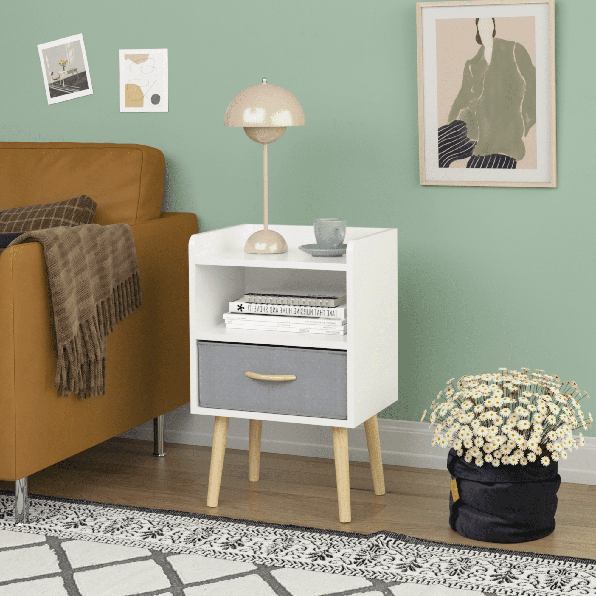 Nightstand With Collapsible Fabric Drawer, 2-Tier Storage End Table, Wood Side Table with Storage Cabinet