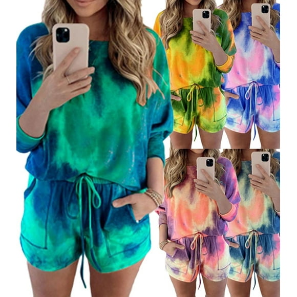 Women´s Ladies Tie-dyed TShirt Cycling Shorts 2 PCS Co ord Active Gym Loungewear Set Tracksuit