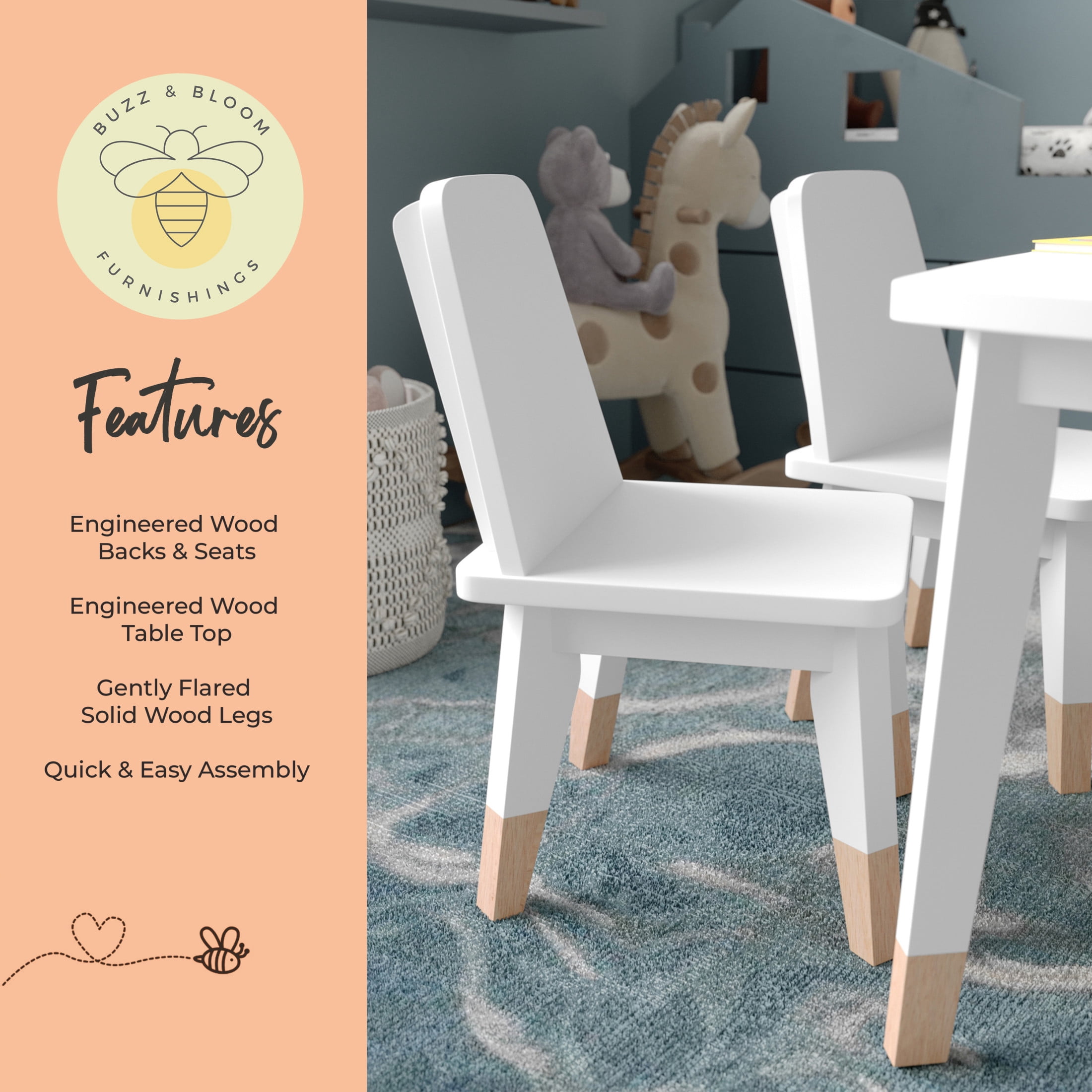 Buzz & Bloom Kids 4-Piece Wood Table, 2 Chairs, and Bench Seating Set with Rounded Corners, White/Natural