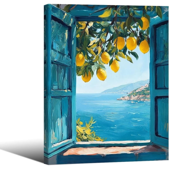 Mediterranean Window View Framed Wall Art Posters Coastal Lemon Tree Canvas Prints Blue Seascape Posters Modern Nature Canvas Wall Art Pictures for Bedroom Living Room Office Decor
