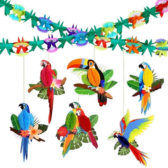 Naler 2 Pack Hawaiian Tropical Paper Garlands & 6 Pcs Birds Honeycomb for Summer Luau Tiki Bar Beach Party Decorations