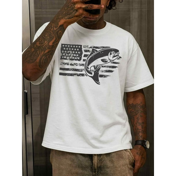 American Fish Flag Tee fishing print t shirt for men 180G 100% Cotton white Daily and weekend wear Hip-hop streetwear Comfortable activewear, perfect for gifts Weekend casual wear for men funny fish