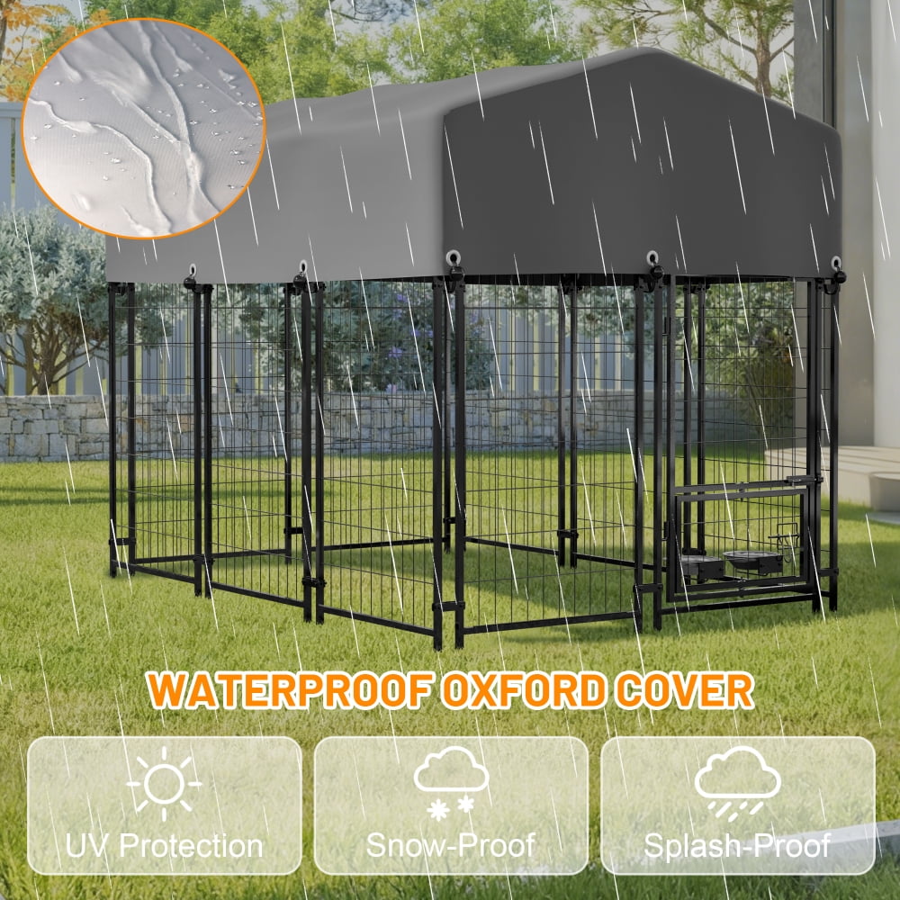 4.23'x5.82'x4.83'  Outdoor Dog Crate with Rotating Feeder & Roof - Heavy Duty Welded Wire, Waterproof Cover for Medium/Large Breeds
