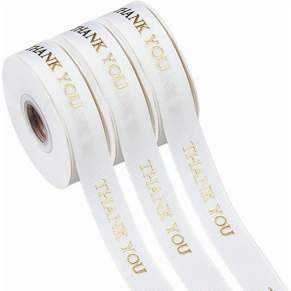30 Yards Thank You Ribbons 5/8 inch(15mm) Wide Satin Printing Ribbons DIY Gift Wrapping Ribbon White Decorative Ribbon with Gold Stamping for Bows Birthday Party Supplies