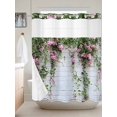 thumbnail image 3 of No Hook Shower Curtain Set with Snap in Liner, Spring Pink Flower Green Leaf Waterproof Bathroom Curtain with See Through Top Window, White Brick Wall Pastoral Floral Double Shower Curtains, 3 of 9