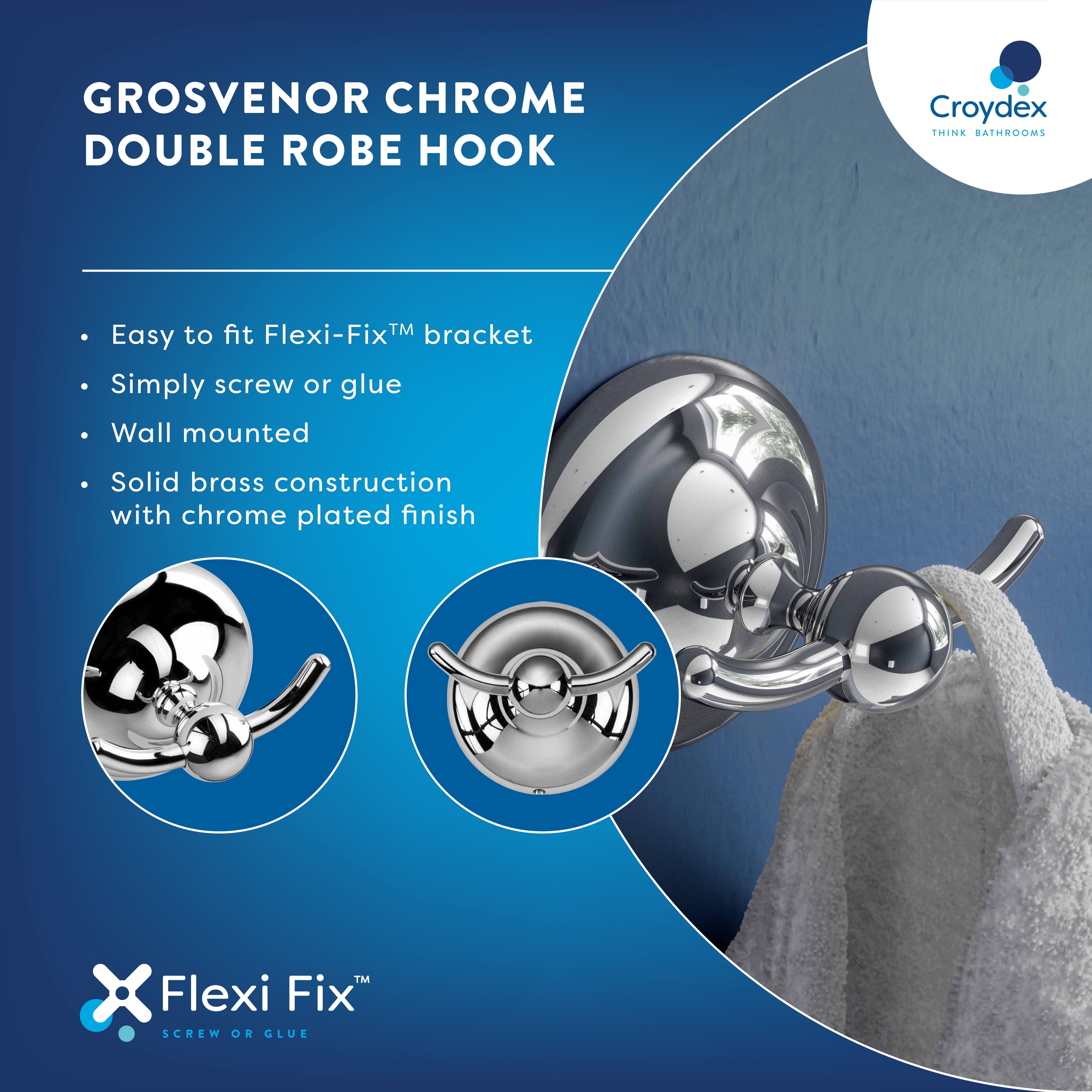 Croydex Grosvenor Flexi-Fix Double Robe Hook in Chrome, Screw or Glue