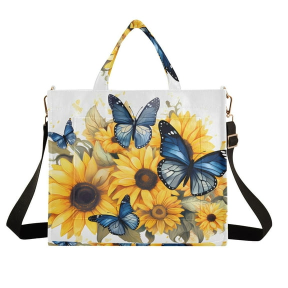 Butterflies Sunflowers Corduroy Tote Bag Handbag Large Messenger Bag Shoulder Crossbody Zipper Bag Purse