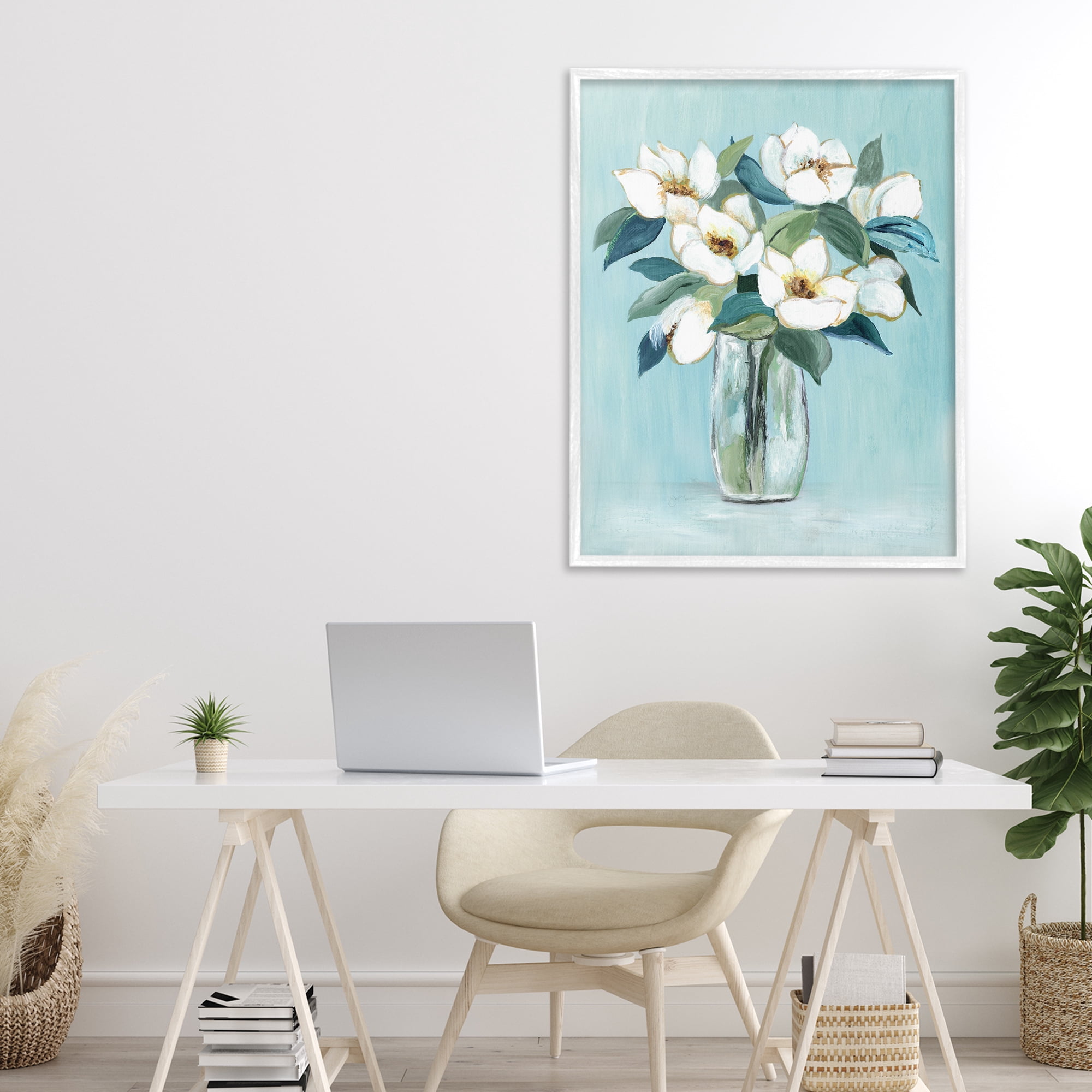 Stupell Industries Magnolia Blossoms on Blue White Framed Giclee Art, design by Janet Tava