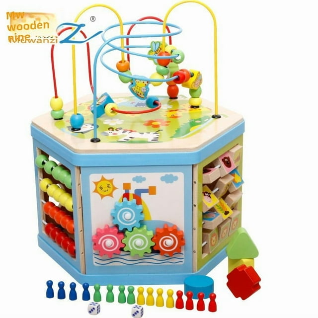 Wooden Multi-Activity Learning Box for Kids Ages 4-6: Portable 24*22*23.5cm Educational Toy with Bead Maze, Matching Games & Skill-Building Features – Durable, Colorful, and Perfect for Travel,