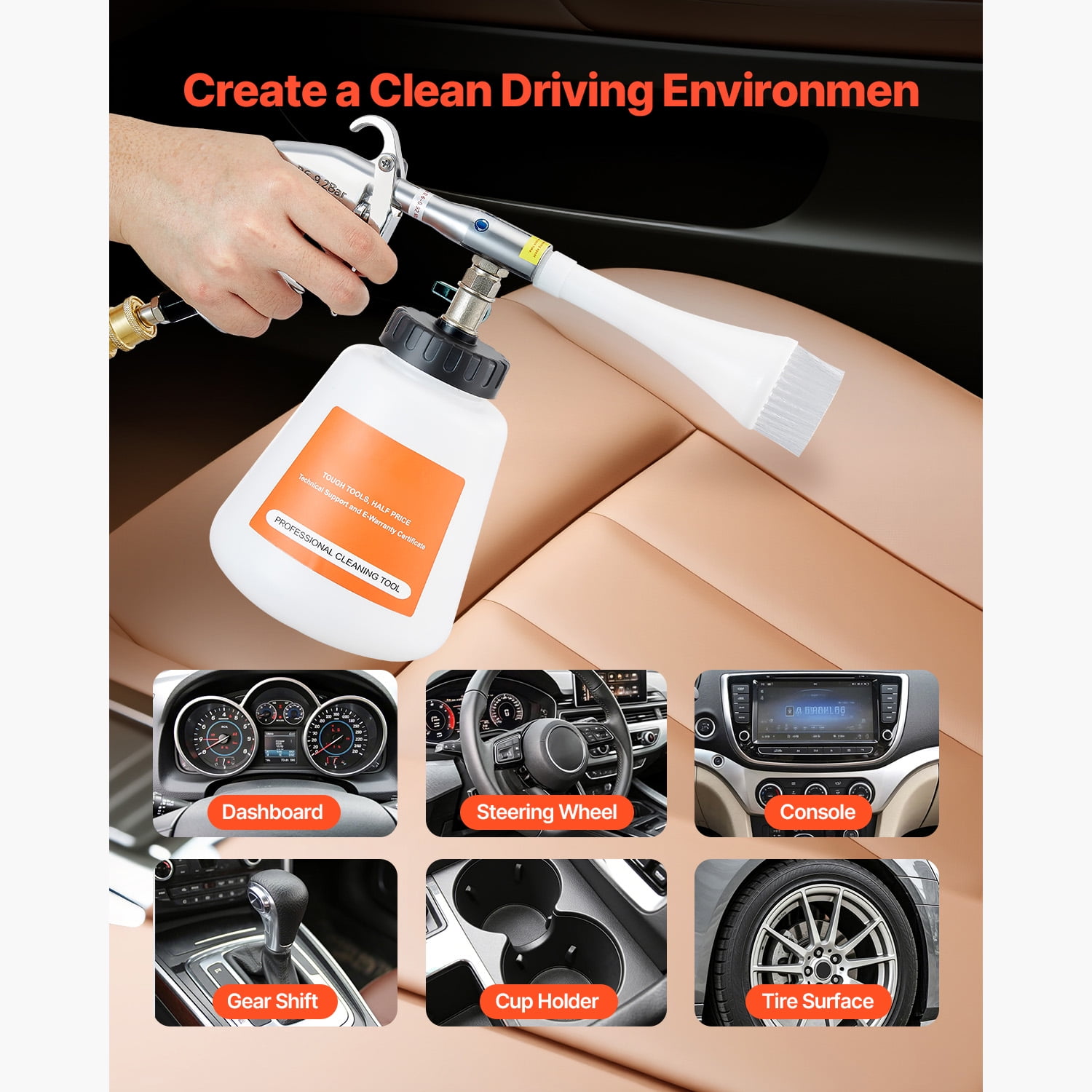 KFFKFF High-Pressure Car Cleaning Gun, 6-9.2 Bar Air Blow Gun with Dual Nozzles & 1L Liquid Bottle, Vortex Cleaning Tool for Efficient Dirt and Dust Removal, Compatible with 1/4 NPT Air Compressors