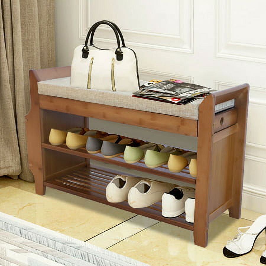 2 Tier Shoe Bench Shoe Storage Bench Rack Entryway Shoe Stool & Soft Seat Entryway Shoe Bench 2-Tier Vintage Shoe Rack Foyer Storage Benches Wood Shoe Cabinet with Small Drawer and Side Space