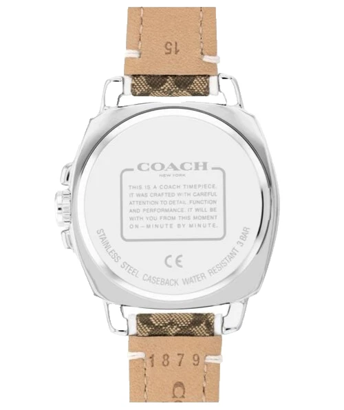 Coach 14503148 Boyfriend Silver Tone Logo Dial Brown/White Logo Design Leather Band Women's Watch