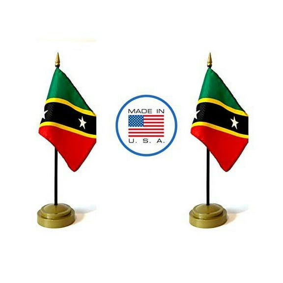 2 St Christopher and Nevis Miniature Desk & Hand Waving Flags Set - Includes 2 Rayon 4"x6" Flags, 2 Bronze Stands, and 2 Mini St Kitts Stick Flags