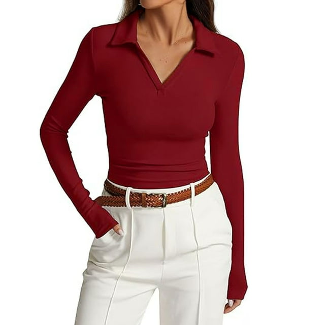 Hiiyo Polo à Manches Longues à Col en V pour Femme, Coupe Ajustée, T-Shirt Basique Décontracté, Tailles P-TG