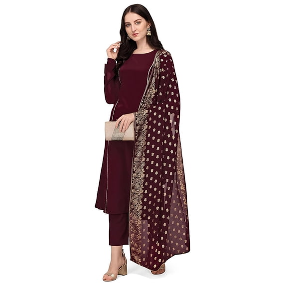 FIORRA Women's Maroon Poly Crepe Straight Kurta with Pant and Dupatta - Indian Ethnic Traditional Wear Kurta Set