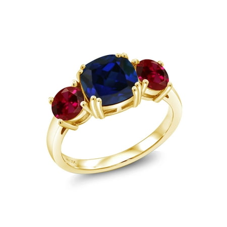 Blue Sapphire Ruby Ring - 4.50 Ct Blue Simulated Sapphire Red Created Ruby 18K Yellow Gold Plated Silver Ring