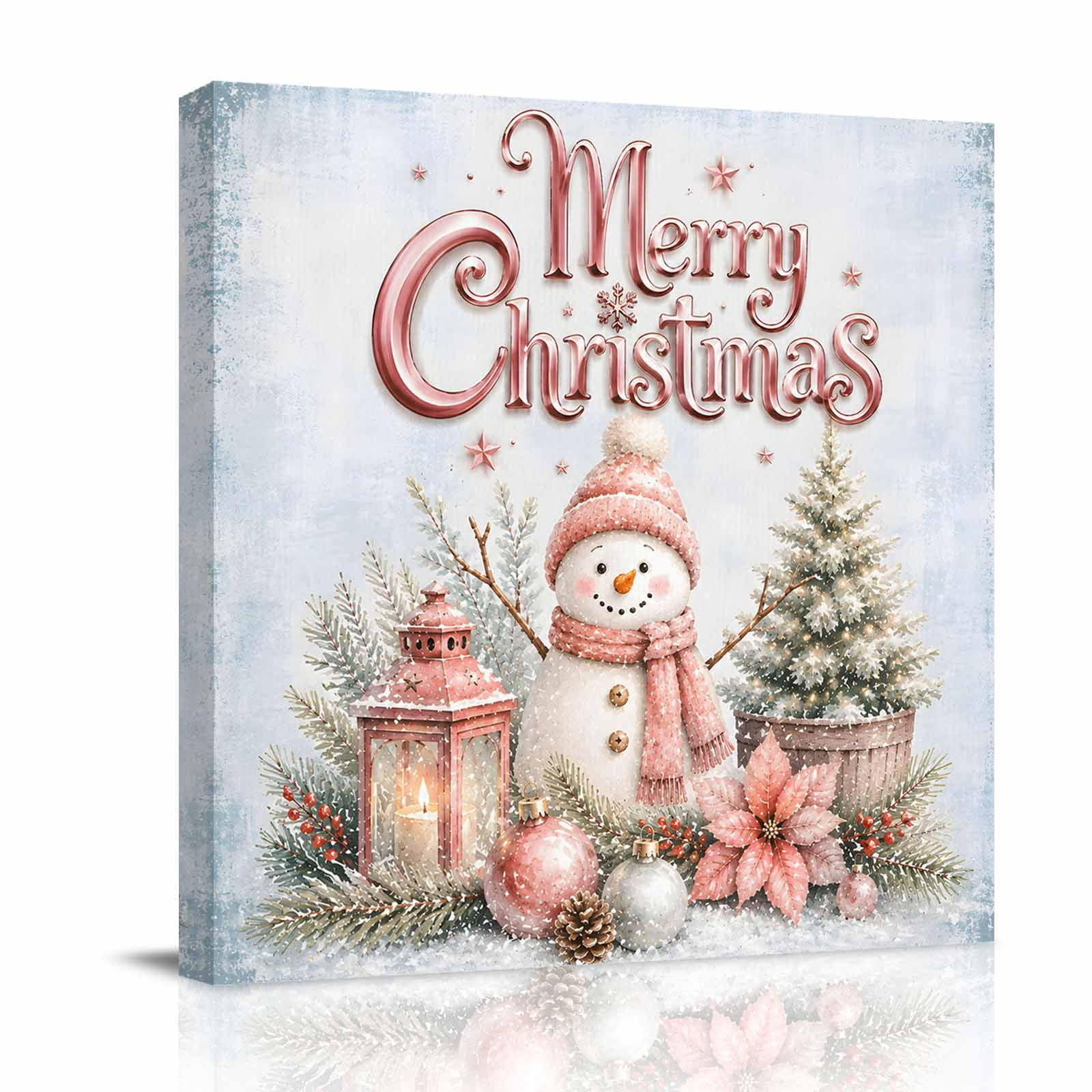 Canvas Wall Art Pink Christmas Framed Canvas Prints for Bathroom Desk Snowman Trees Xmas Balls Ornaments Small Gallery Wrapped Wall Decor for Home Office Gifts 8 x8 Ship Next Day