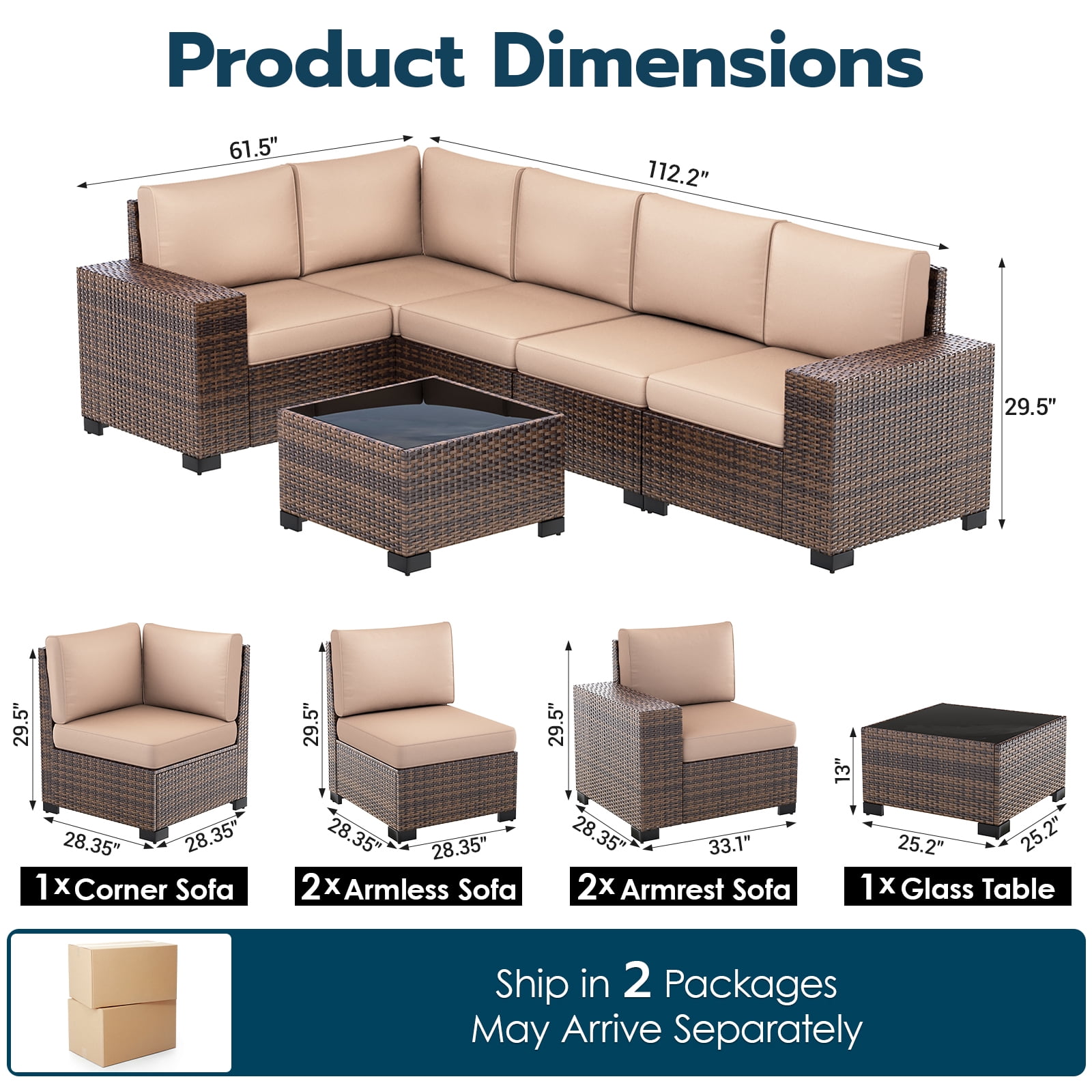 ELPOSUN Outdoor Sectional Furniture Set 6-Piece Brown Rattan Wicker Conversation Sofa Set with Glass Top Table,Beige Cushions