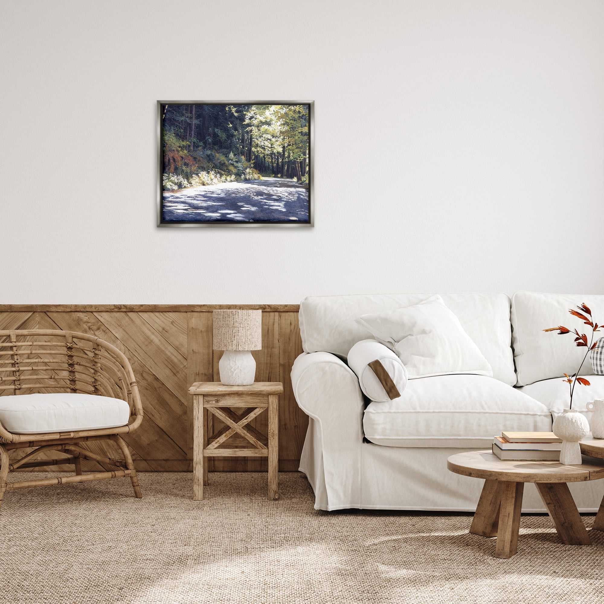 Stupell Industries Sunlit Woodland Road Landscape Painting Gray Floater Framed Canvas Art Print Wall Art, 31 x 25