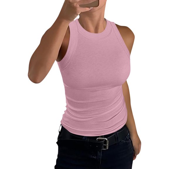 JULMCOMO Ribbed Knit Tank Tops for Women Crew Neck Casual Comfy Summer Tank Tops Sleeveless Stretchy Solid Slim Fit Shirts Hot Pink S