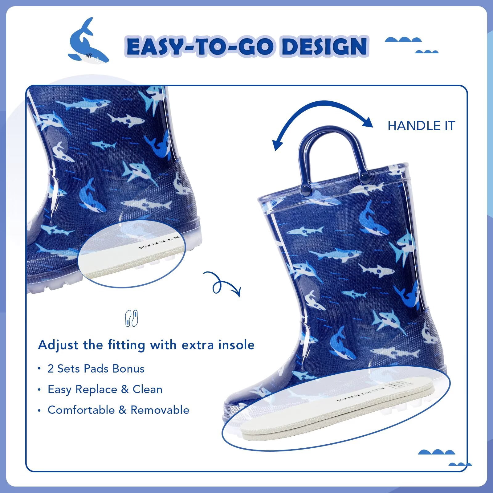 EUXTERPA Toddler Kids Light Up Rain Boots Boys Shark Waterproof Boots Little Kid Size 11